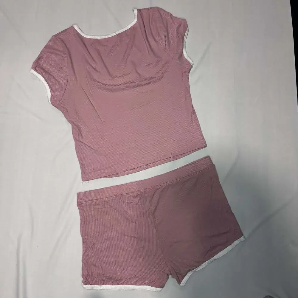 Bozzolo Women's Ribbed Ringer Crop Top and Shorts Lounge Set